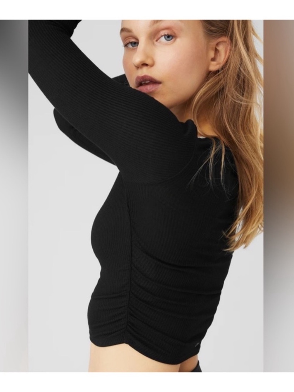 Alo Yoga Gather Long Sleeve Ribbed Sleeve Top Black Size Small EUC - Picture 3 of 11